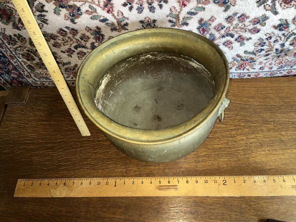 Antique Heavy Hand Hammered Solid Brass Bucket Lion Head Handles
