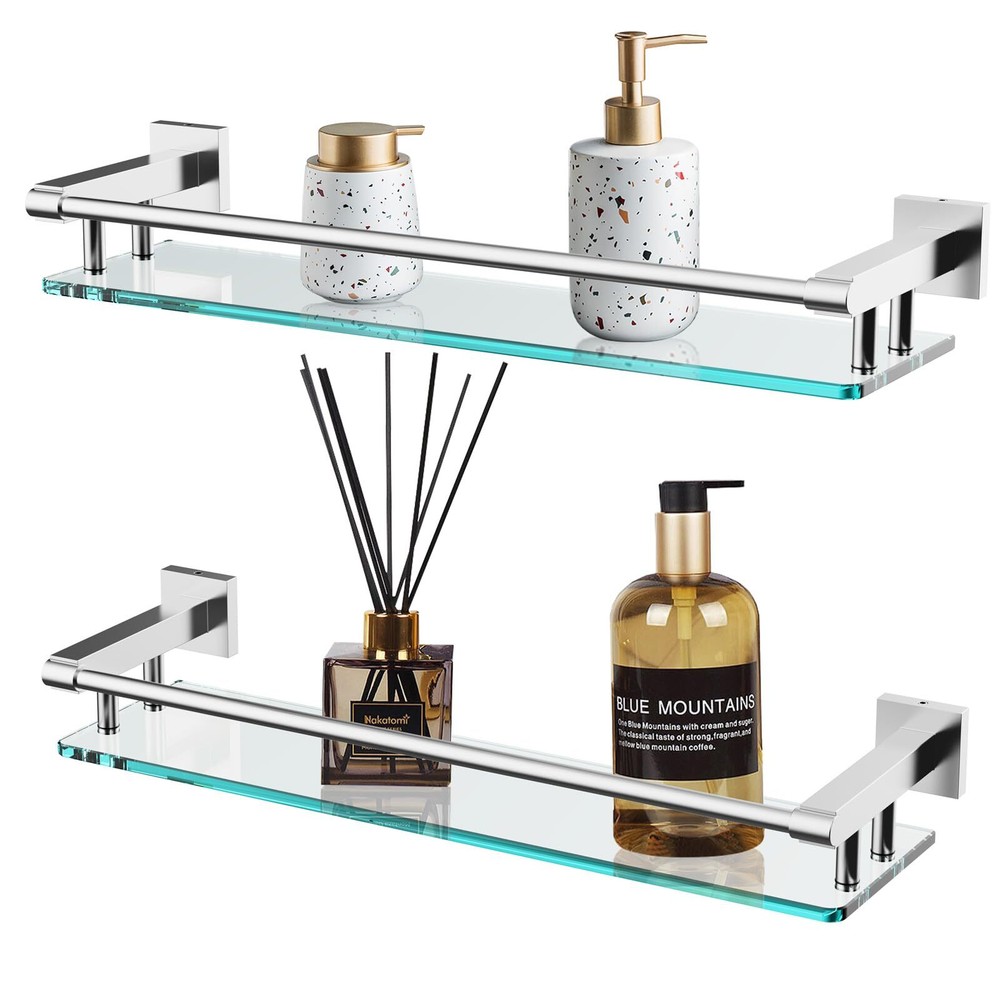 Glass Shelf for Bathroom Rectangular Stainless Steel Tempered Glass Modern Stain