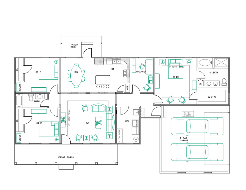 Ranch House Plans 1842 SF Open Floor Split 3 Bed 2 Bath/Ofc #1011 (Blueprints)