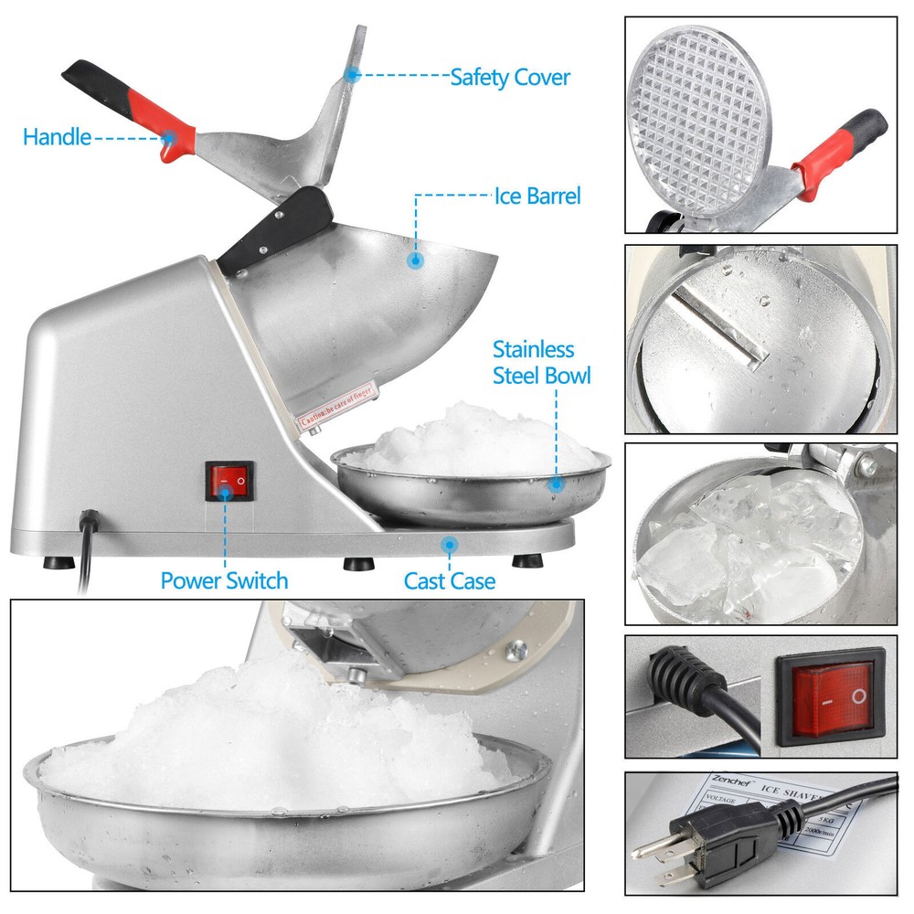 4PCS Electric Ice Crusher Shaver Machine High Efficiency Snow Cone Maker Silver