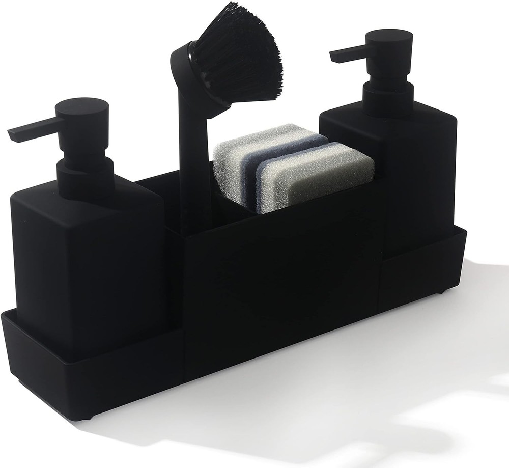 Rust-Proof Kitchen Soap Dispenser with Sponge Holder - Modern Matte Black Look