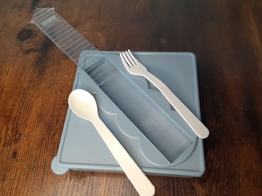 Plastic square container with Compartment in lid with Fork & Spoon