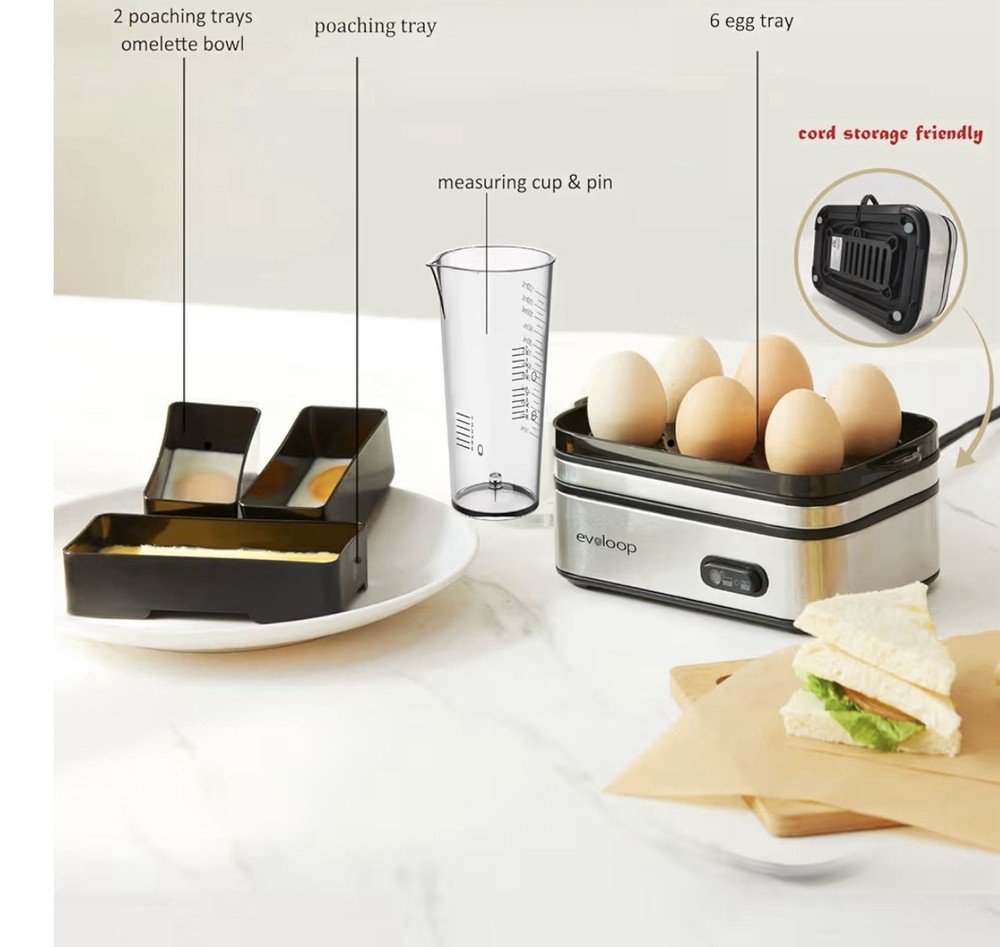 Evoloop Rapid Egg Cooker Electric 6 Eggs Capacity, Soft, Medium, Hard Boiled,