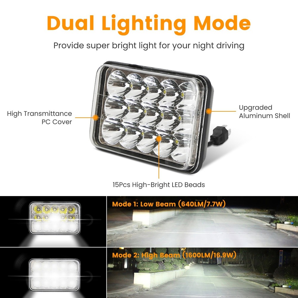 2Pcs 4x6in Car LED Headlights Vehicle Rectangular Headlamp With H4 Socket H4-