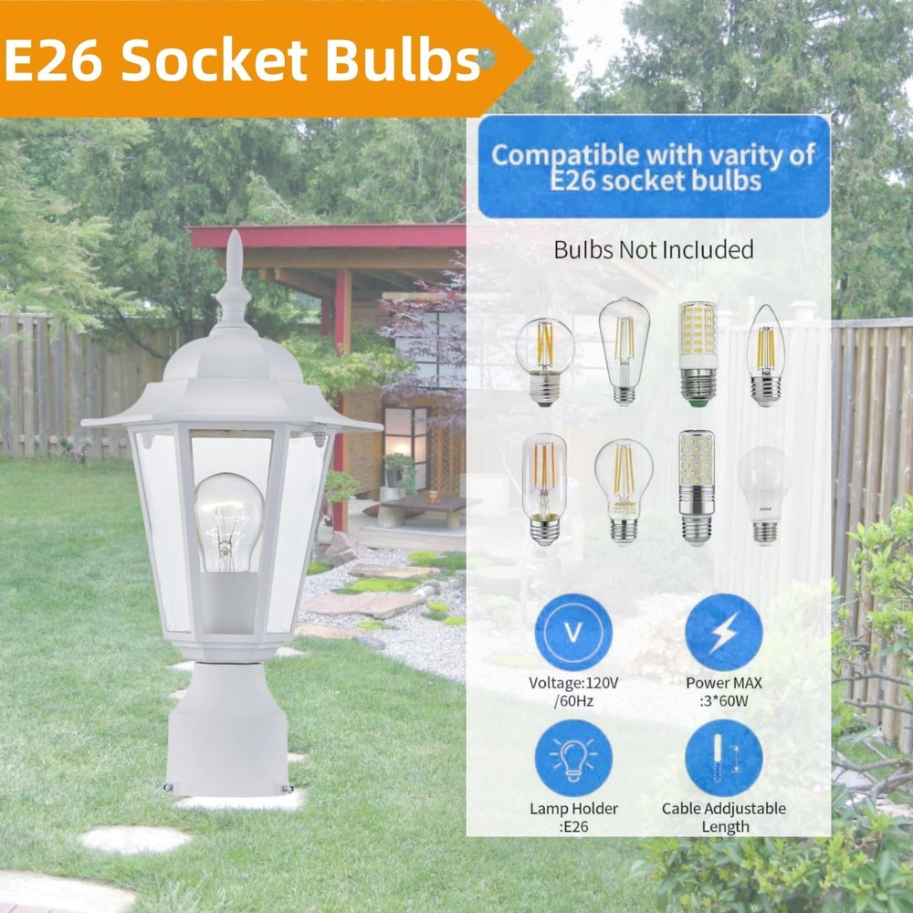White Outdoor Post Light, Pole Lantern, E26 Base 60W Max, Aluminum Housing Plus