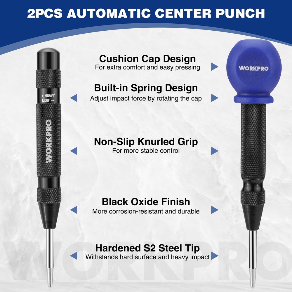 WORKPRO 2Pack Automatic Center Punch Adjustable Spring Loaded Metal Center Punch