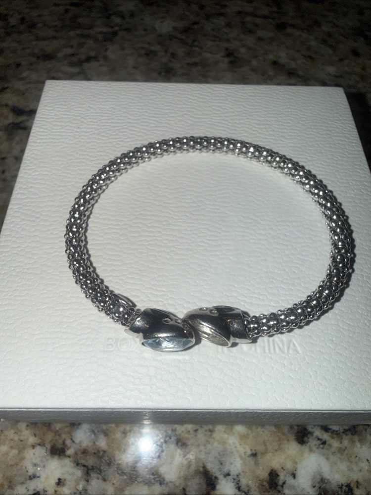 Sterling Silver 925 Mesh Bangle Bracelet Blue Topaz (Missing One Stone)