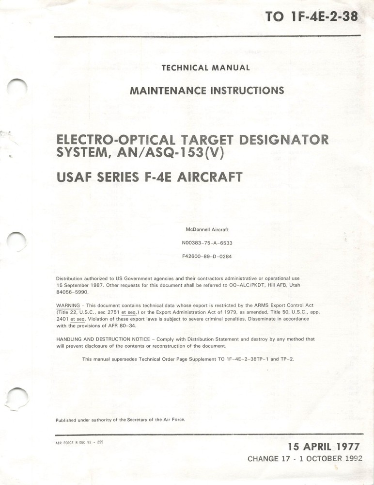 F-4E 1992 Electro-Optical Target Designator System Maintenance Flight Manual- CD
