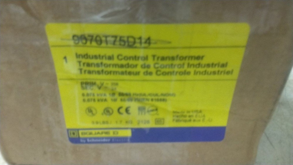 Square D 9070T75D14 208VAC Input 24VAC Output 75VA Control Transformer