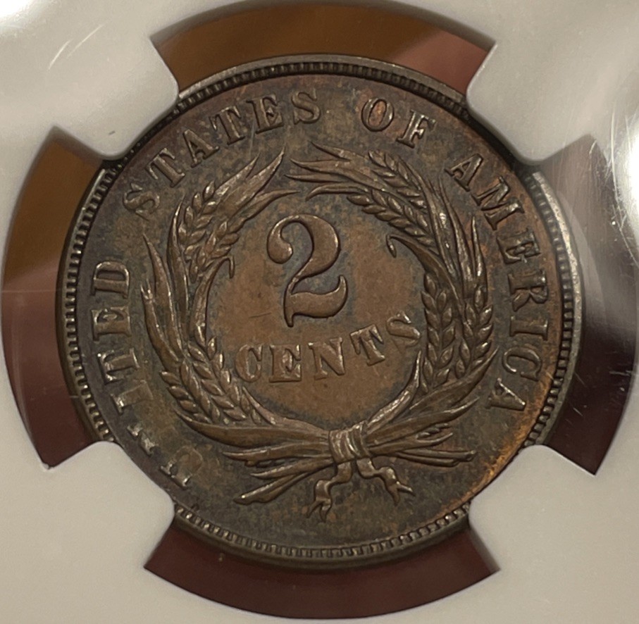1864 Two Cent Piece 2c NGC AU58 BN Mechanical Error On Label
