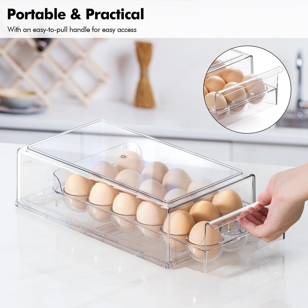 Egg Container for Refrigerator, Stackable Egg Holder, Drawer Type Egg Organiz...
