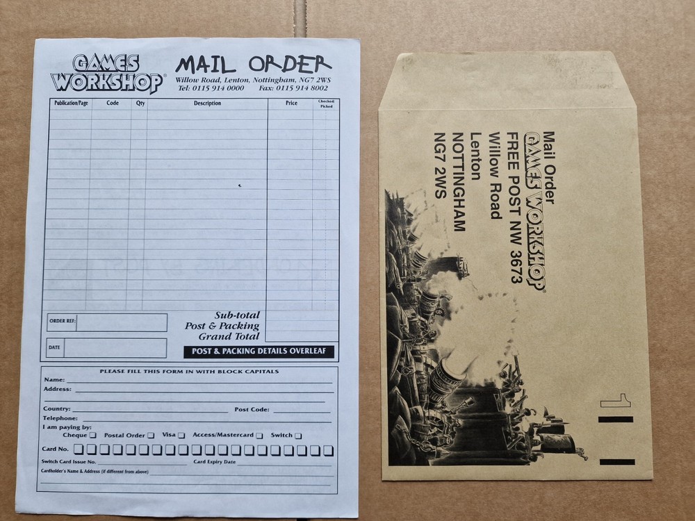 Classic Games Workshop Mail Order form & envelope - GW memorabilia- Oldhammer