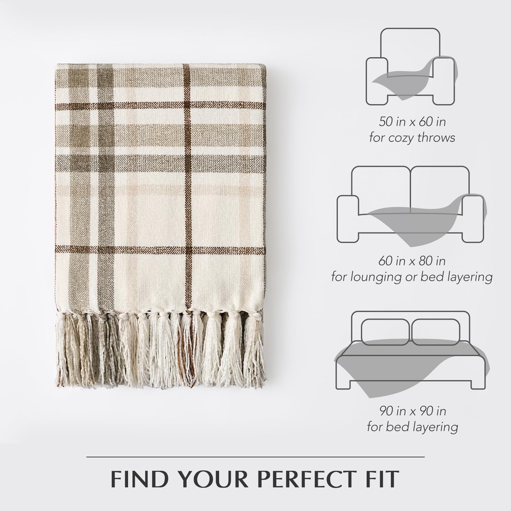 EverGrace Plaid Chenille Throw Blanket for 50"x60", Beige & White