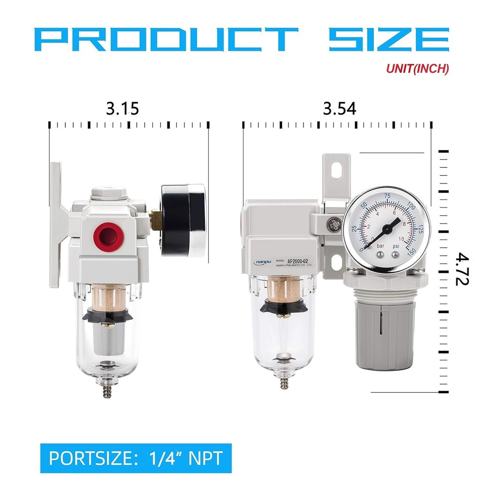 Air Filter Regulator Combo with Polycarbonate Bowl and Semi-Automatic Drain