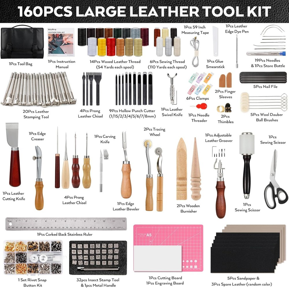 Nicpro 160-piece upgraded leather tool kit