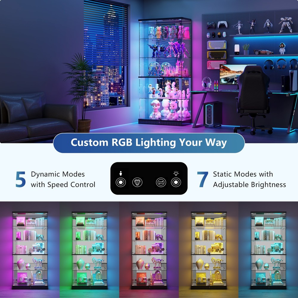 Display Cabinet with Glass Doors, Clear Display Case with Dynamic RGB Lights