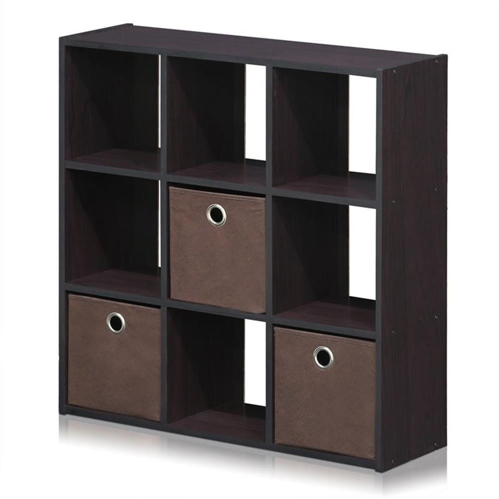 Engineered Wood Simplistic 9-Cube Organizer W/ Bins in Dark Walnut