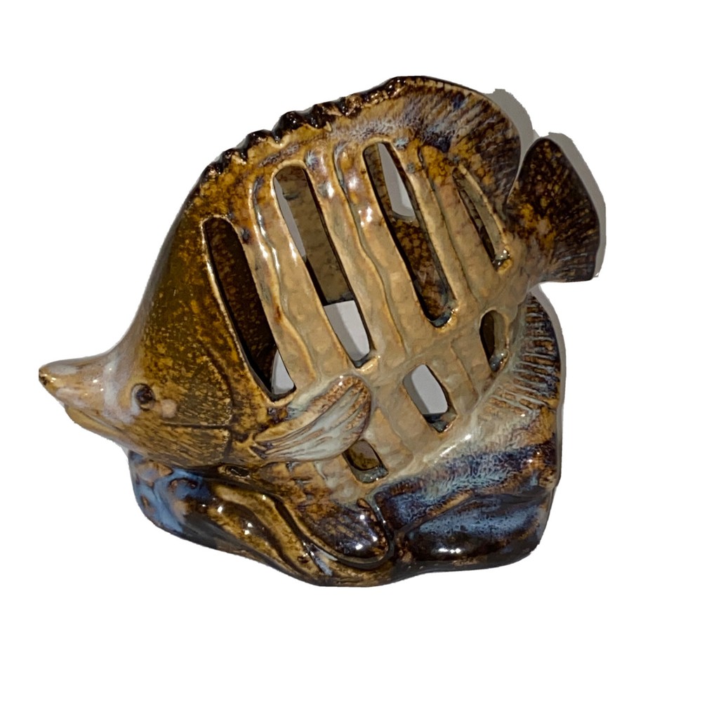Glazed Pottery Fish Luminary Tea Light 7”L  x 6”H