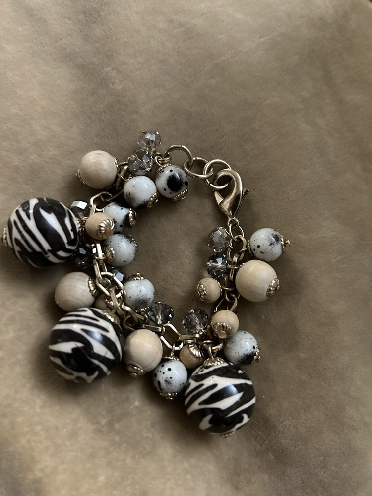 Beaded Animal Print Bracelet Mosaic Pattern Round Stone  Stackable Gold Tone