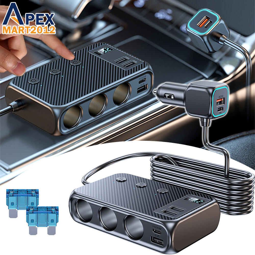 9in1 Car Cigarette Lighter Socket Splitter USB C Plug Fast Charging 3Way Adapter