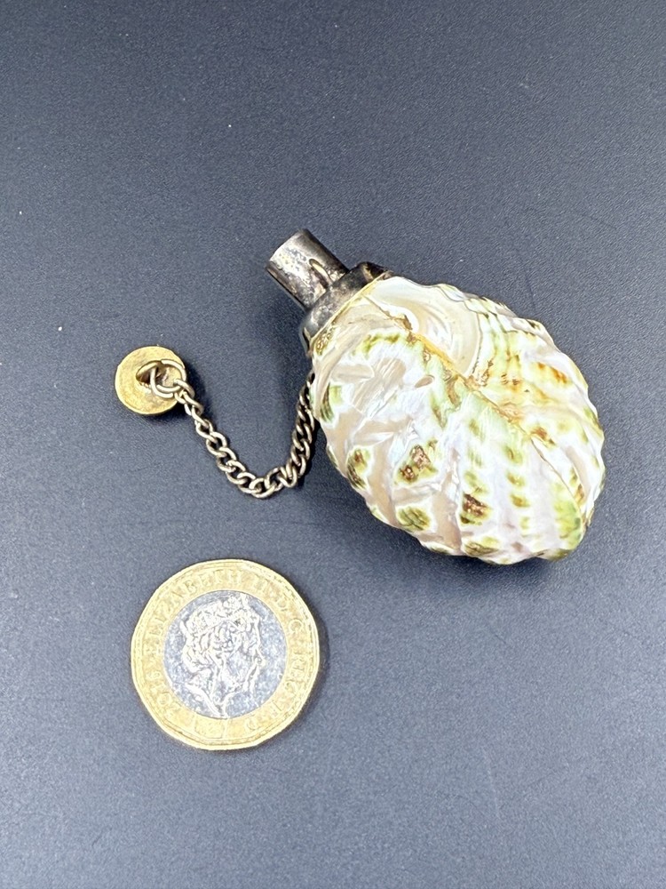 Antique Shell Perfume Bottle white metal Lid