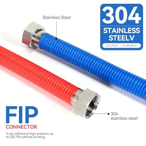 24" Flexible Stainless Steel Water Heater Connector 1/2" FIP, Hot/Cold Color Cod