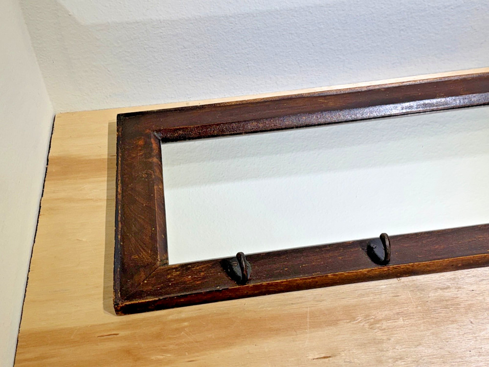 Antique Cape Cod Wall Mirror with Hooks | Black Walnut Wood Frame | 36"W x 14"H