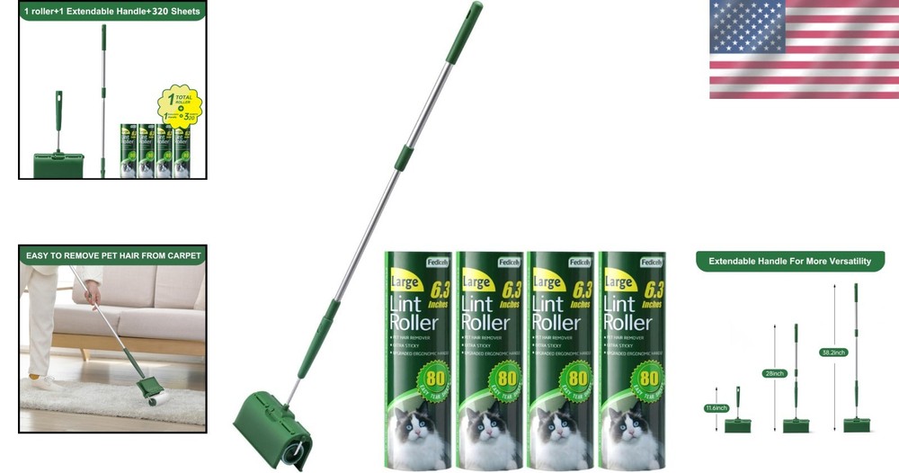 Portable Extra Sticky Lint Roller with 6.3'' Wide Surface & Long Handle
