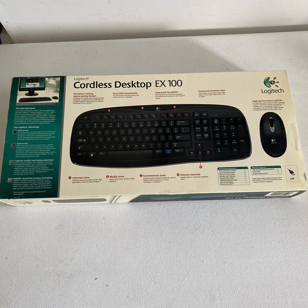 NEW Logitech EX100 BLACK Cordless Desktop Computer Keyboard & Mouse Set