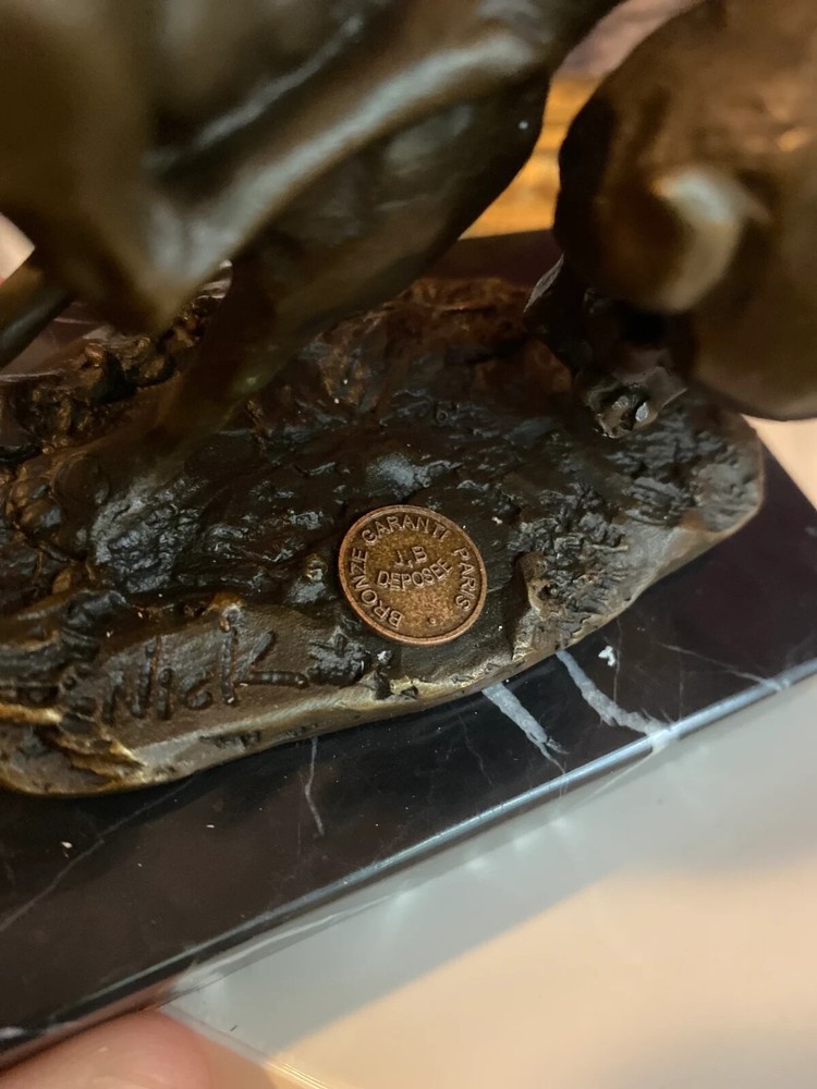 Bronze Sculpture Running Rabbits on Black Marble Base After Nick