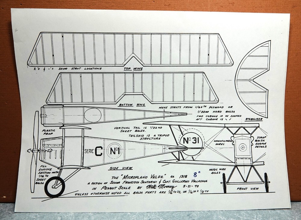 1918 MICROPLANO VELOZ BALSA FREE FLIGHT MODEL AIRPLANE PLANS 8" WINGSPAN
