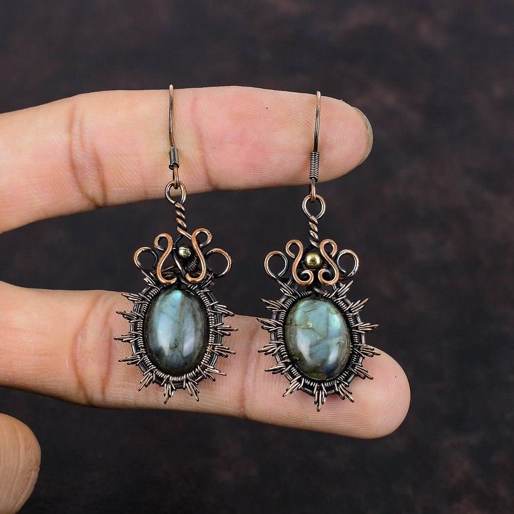 Labradorite Wire Wrapped Drop/Dangle Earrings Handcrafted Copper Ethnic 2.36"