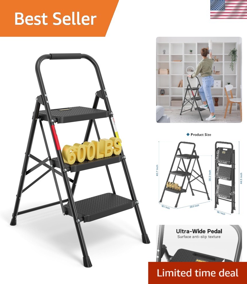 Lightweight 3-Step Ladder with 600lbs Load Capacity - For Home & Work Safety