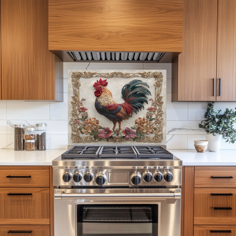 Rustic Colorful Rooster Glass Backsplash • Farmhouse Kitchen Panel