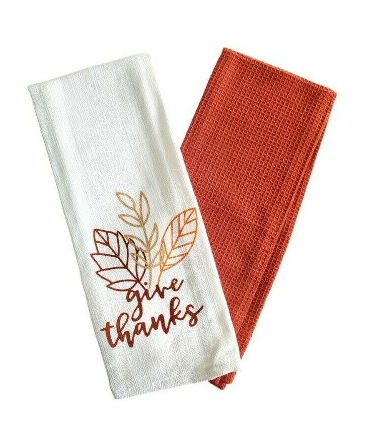 Harvest Fall Design Woven Kitchen Towels “Give Thanks” - 2 Pack