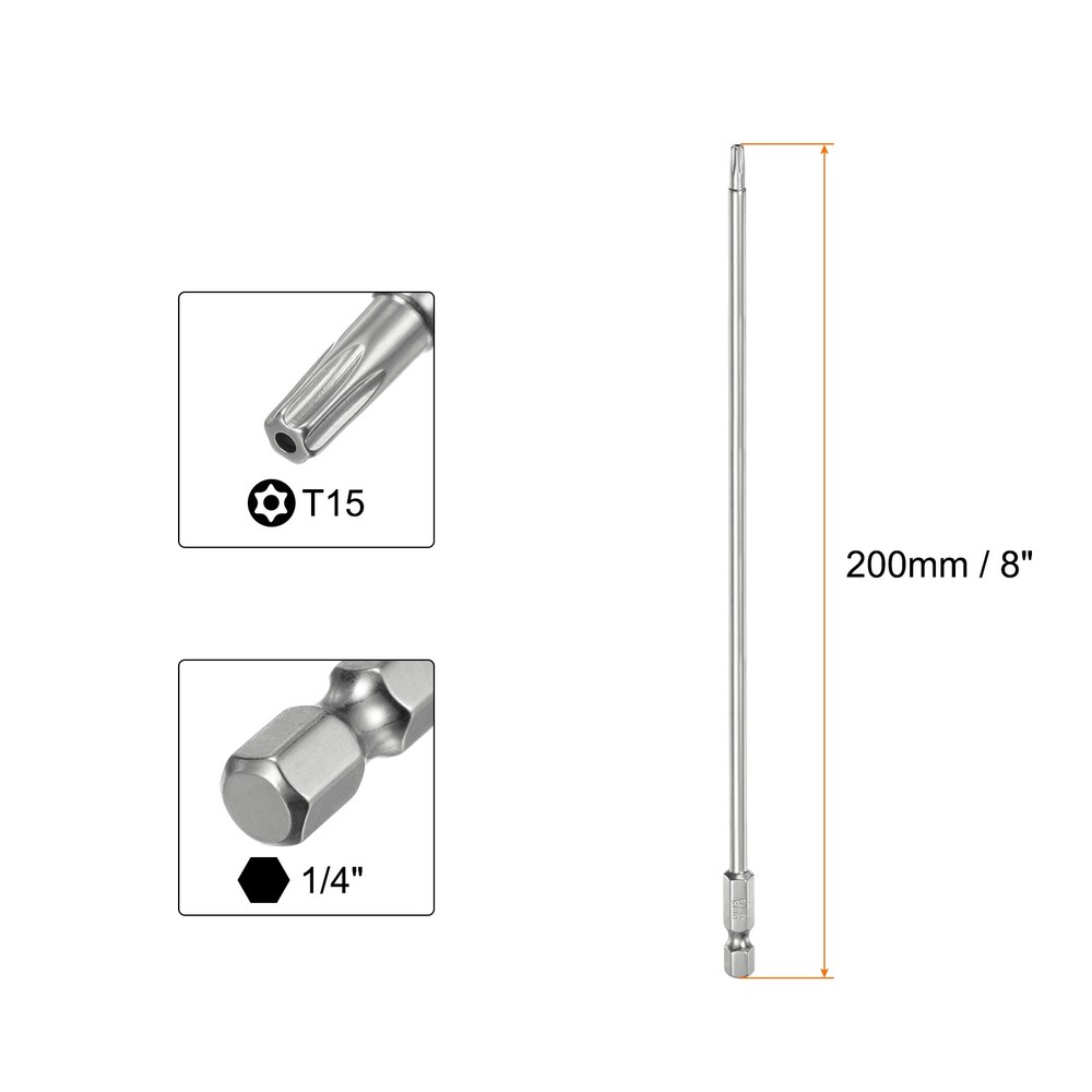 5pcs T15 Security Torx Bit 1/4" Hex Shank 8" Long Tamper Resistant Star Bits