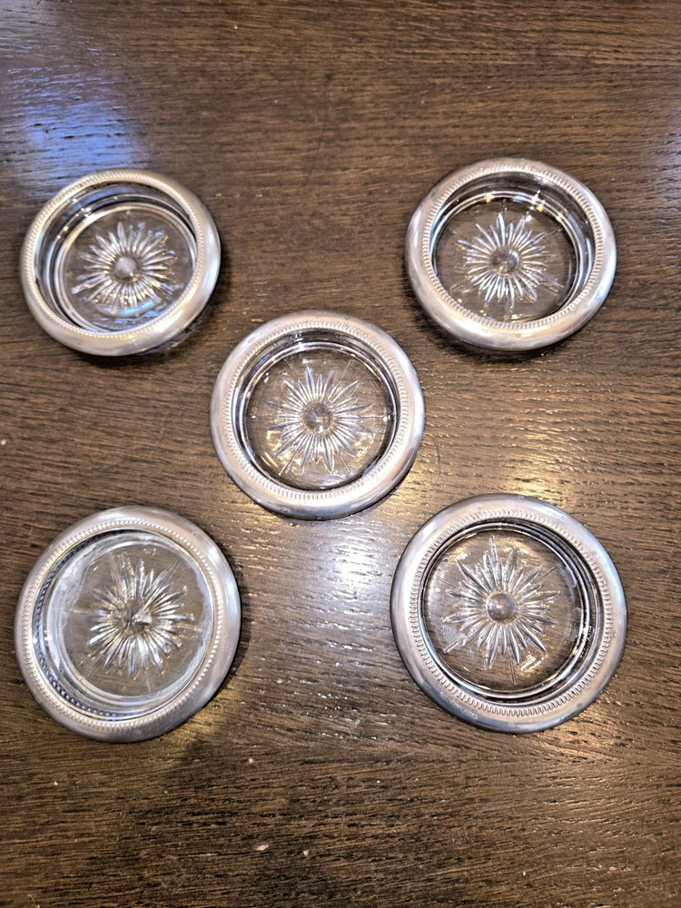 5 Silver-Plated Glass Coasters 4" Starburst Cut Beaded Edge VTG Barware