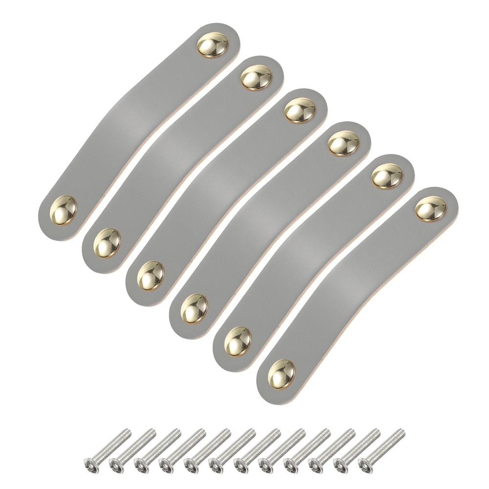 6 Packs Leather Drawer Pulls Double Hole Knobs, Grey/Gold(Hole Spacing:96mm)