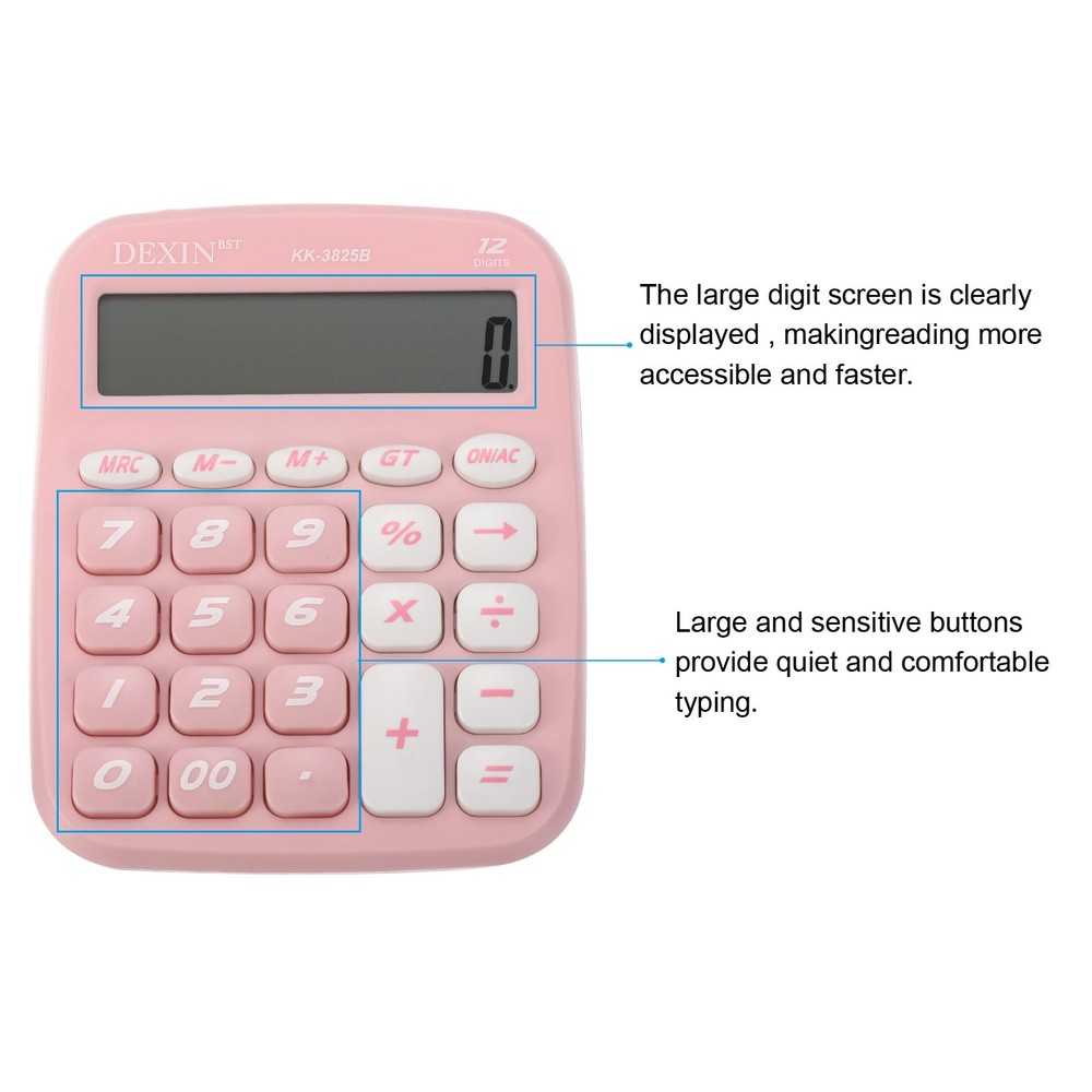 Desk Calculator, Standard Function 12 Digits LCD Display Calculator, Pink
