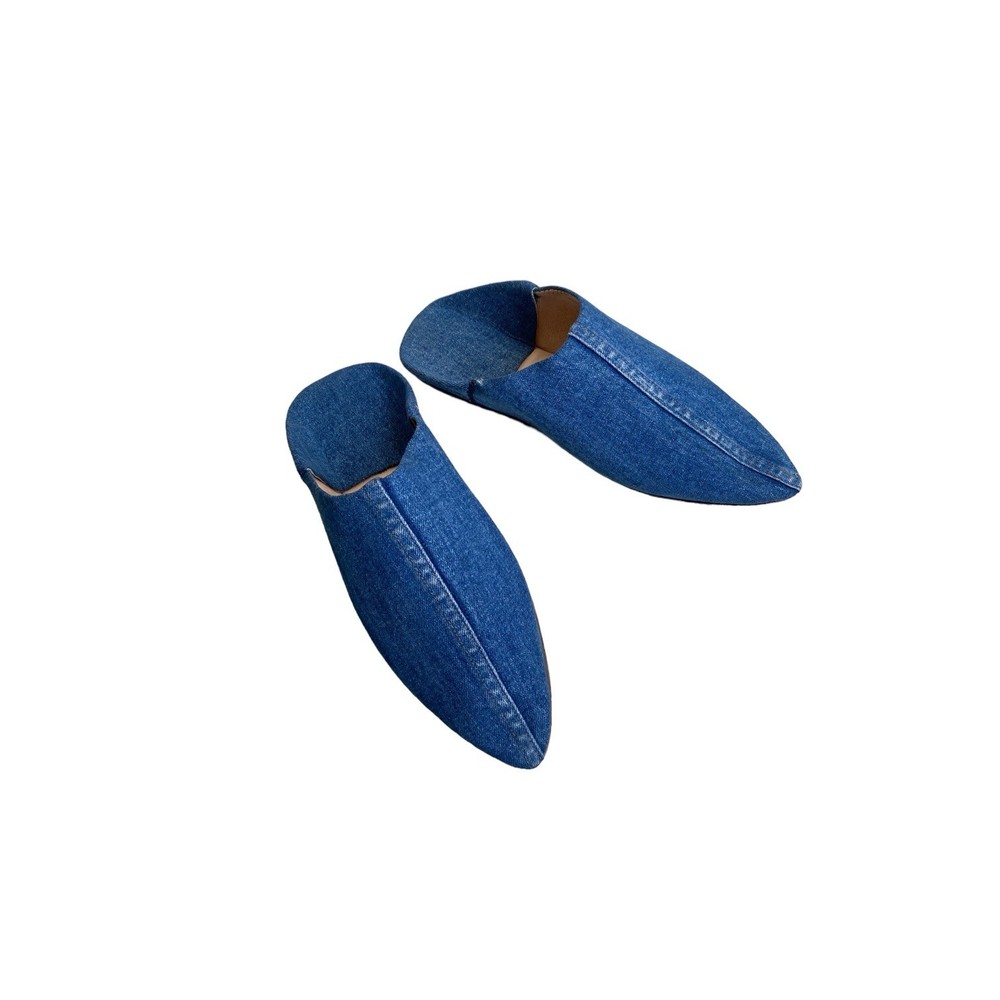 Blue Denim Moroccan Babouches Pointed Toe Leather Lining Handmade
