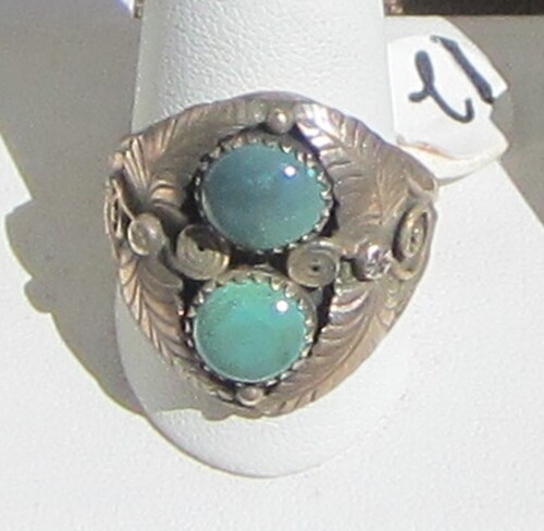 Signed Size 12 Ring, Two Turquoise Free-forms Set in Sterling