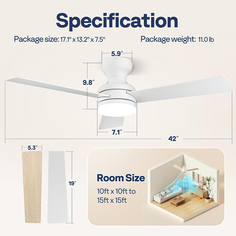 42'' Flush Mount LED Ceiling Fan with Light & Remote 6+1 Speeds, 3CCT, Dimmable