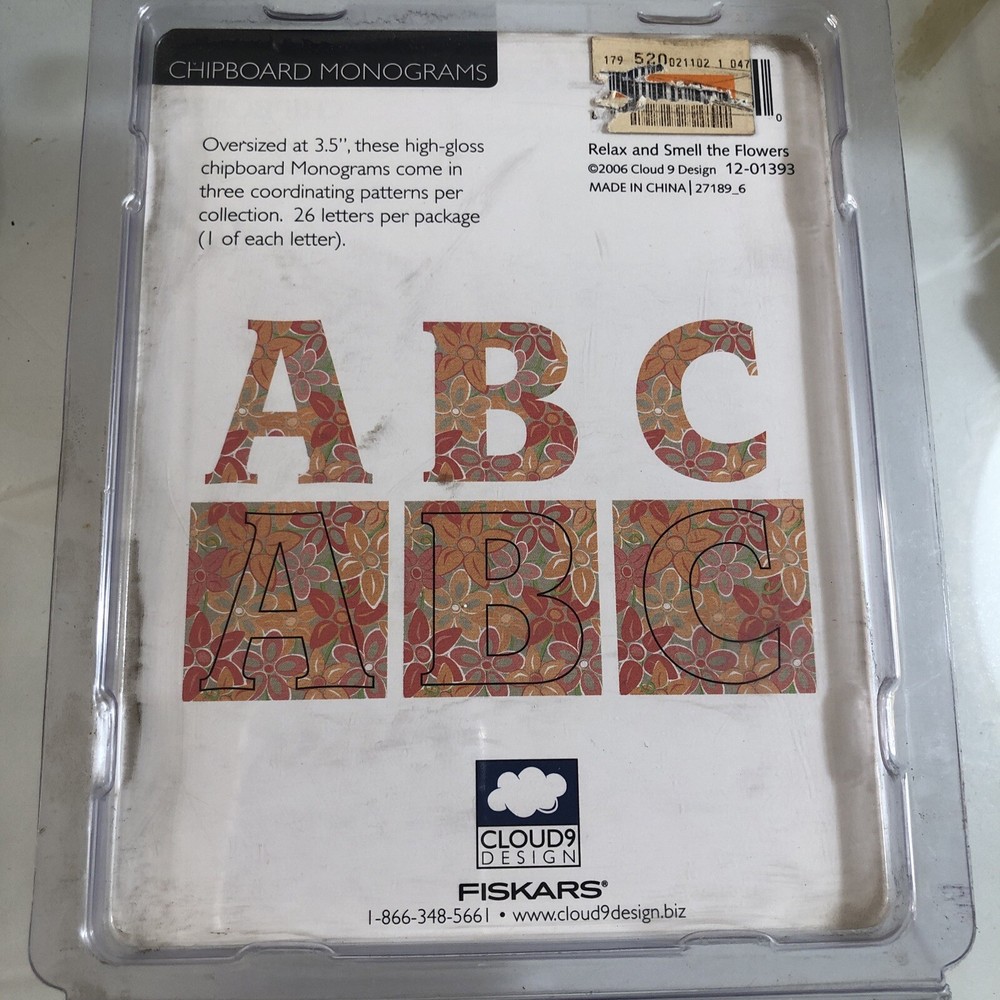 Fiskars Alphabet Chipboard Monogram RELAX FLORAL Pattern 3.5" Cloud 9 Design