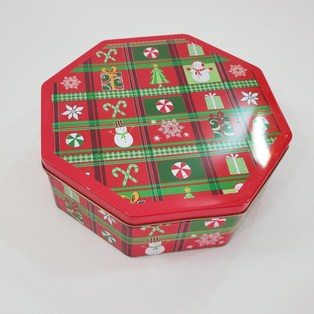 Christmas Tin for Cookies, Candy, Chocolate, Wrapping Paper Design, Octagonal