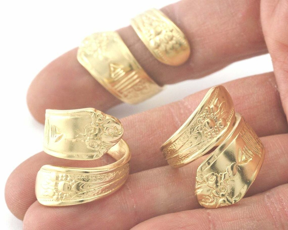 Spoon Wrap Ring Flower Patterned Adjustable Raw Brass (17.5mm 7US size 4071