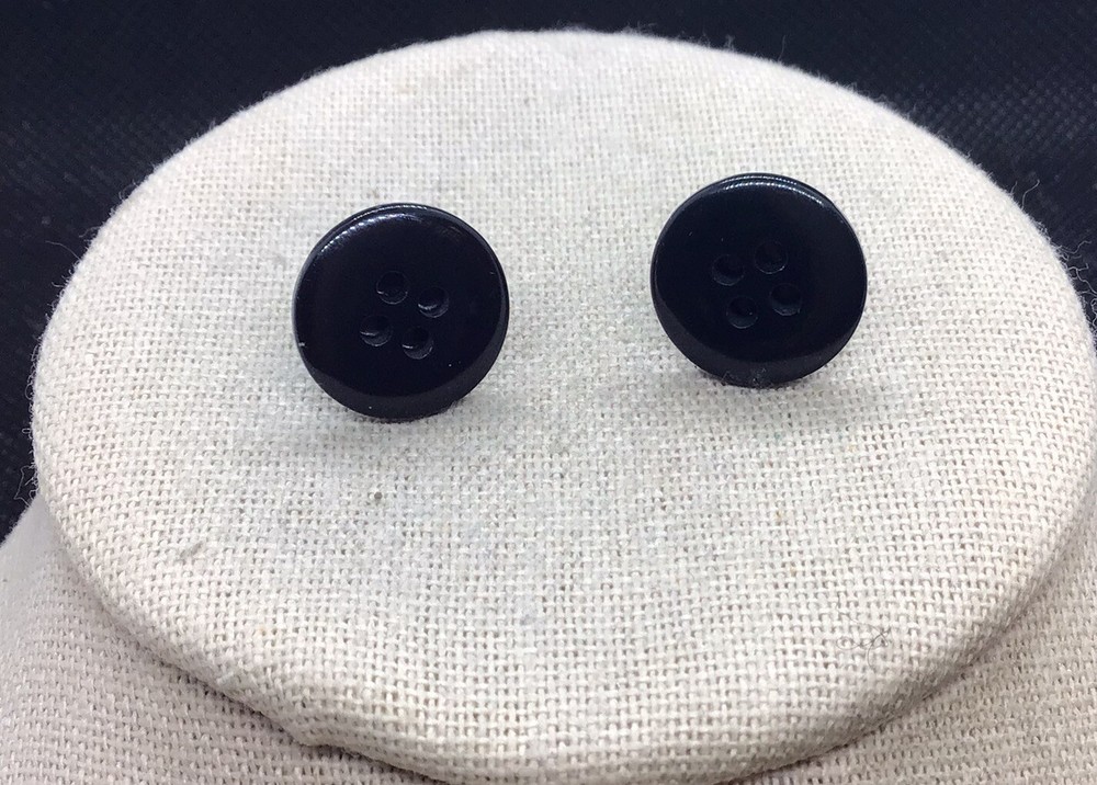 Vintage Silver Tone Costume Black Plastic Button Stud Earrings E545