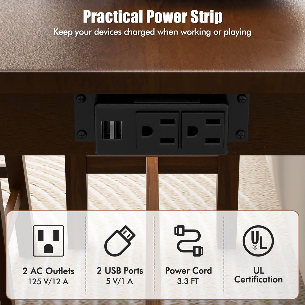 4 PCS Bar Table Set w/ Power Outlet Table & 3 PVC Leather Upholstered Bar Stools