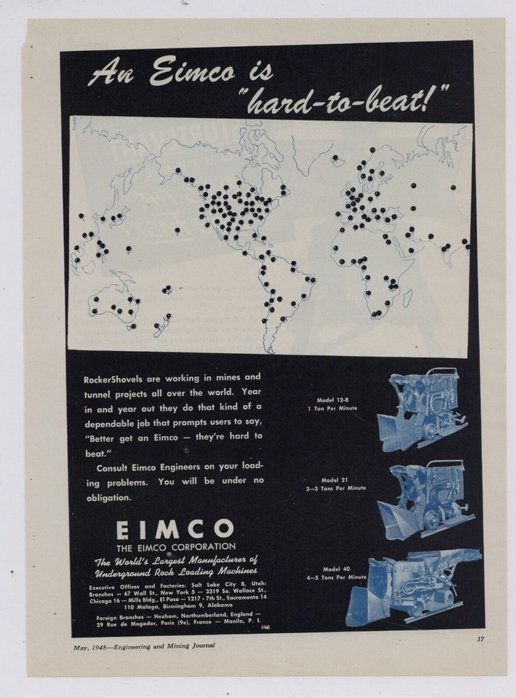 1948 EIMCO Ad: Underground Rock Loading Machines - Models 12-B, 21, and 40 Pics