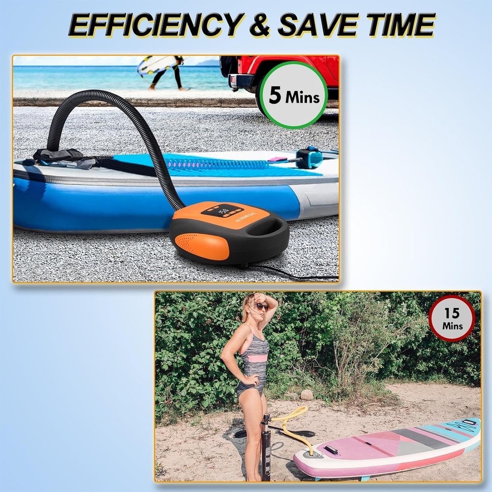 Compact Electric SUP Pump - Automatic Shutoff & Emergency Flashlight Included