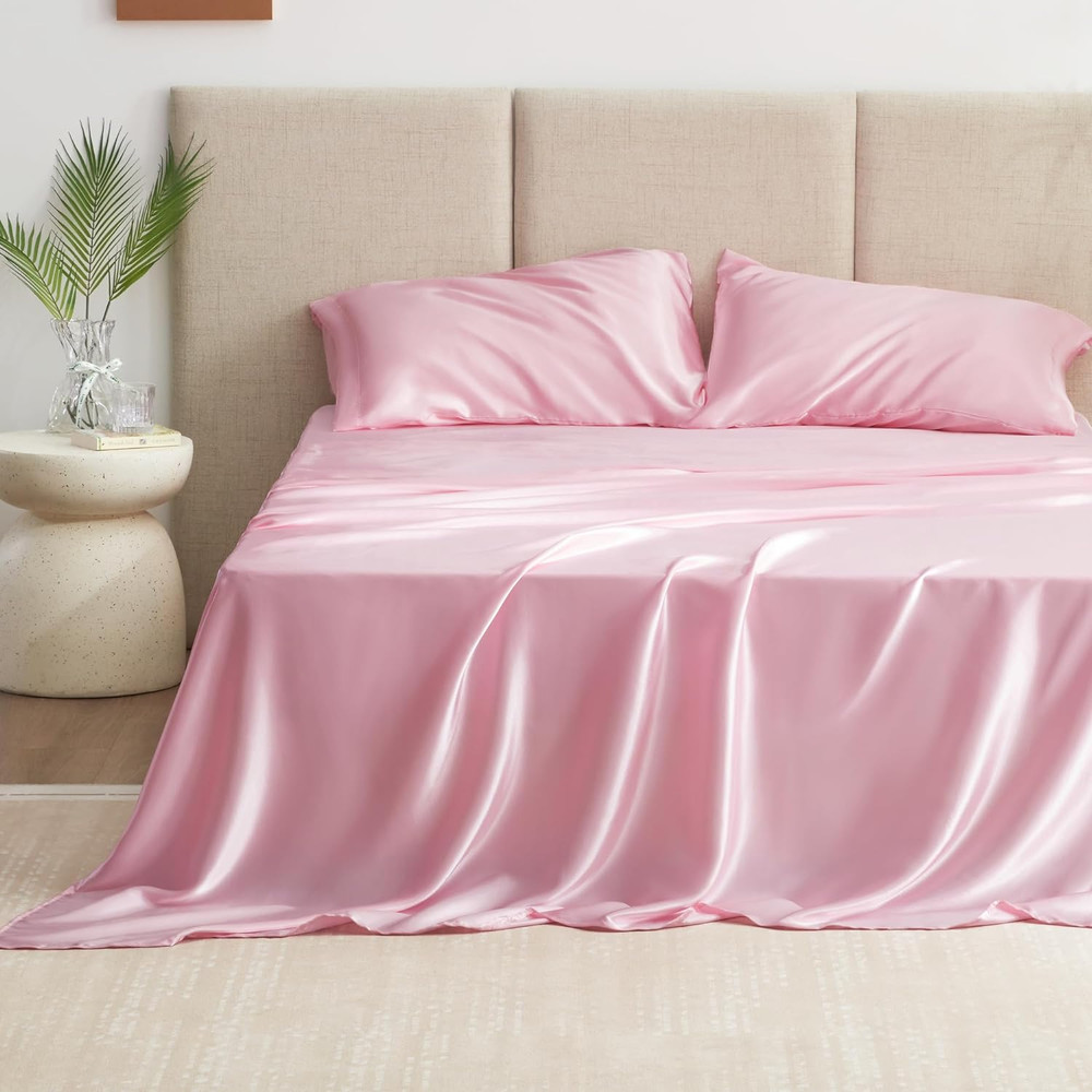 Satin Queen Sheets Set - 4 Piece Pink Silky Bed Sheets Set